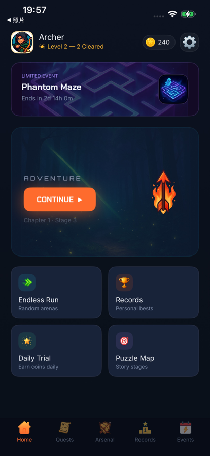 Adventure lobby with continue, weekly goals, and chapter select