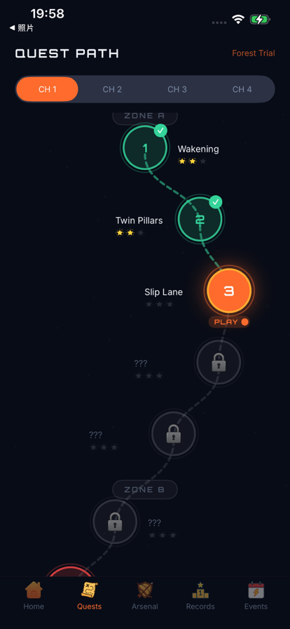 Quest path with chapter zones, stage nodes, and star ratings